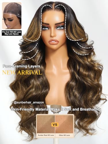 Image of Sunber Ombre Brown Balayage 7x5 Pre-Everything Wig With Loose Wave Face-Framing Layers and Side-Swept Bangs With Drawstring 180% Density Pre Plucked Bye Bye Knots Glueless Drawstring Wig 24Inch