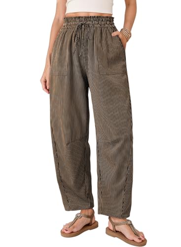 Dokotoo Womens Striped Barrel Casual Pants Elastic Waist Casual 2026 Spring Cotton Blend Trousers Lightweight Boho Vacation Outfits Beach Pants for Women Beach Vacation Clothing Brown Stripe Medium