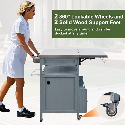 Image of Merax 40.5 inch Outdoor Grill Cart with Stainless Steel Top, Outdoor Storage Cabinet with Drop Leaf, One Drawer, Towel Rack, Rolling Kitchen Cart with Lockable Wheels for Lawn Garden, Blue Grey