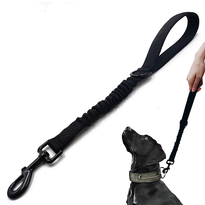 Short Dog Training Control Leash 18 Inch 1 Inch Wide Heavy Duty Traffic Bungee Leash with Padded Handle (Black)