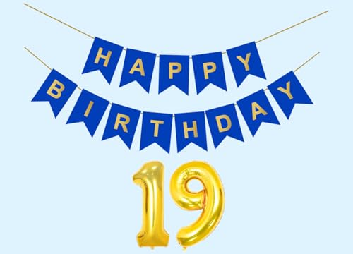 Image of 19th Happy Birthday Decoration Kit Dark Blue for 19 year Old Boys Girls Teenage with Number Nineteen Party Decorations Decor Celebration Items Item Set Combo Reusable Paper Banner
