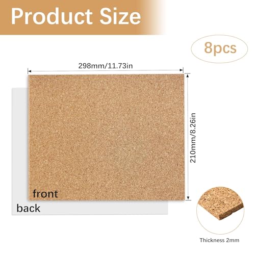 8 Stück Selbstklebende Korkplatten, A4 Korkwand Pinnwand, Korkpinnwand, Schneidbar Selbstklebende Schaumstoffplatte, Rechteck Untersetzer Kork, Kork Wandplatten für DIY (2mm)