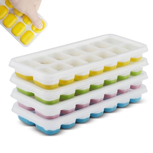 LxsNyvantic Cubiteras Para Hielo Con Tapa, Set 4 Moldes Silicona Sin BPA, 14 Cavidades Por Bandeja (56 Cubitos En Total), Fácil Desmoldeo, Resistentes Y Seguras, Para Cócteles, Whisky, Zumo