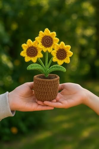 Image of VRB Dec 1 Pcs Crochet Flowers Artificial Sunflower for Office Desk Car Dashboard Decor,Home Decoration, Office, Bedroom (Triple Sunflower with Crochet Flower - 1 Pcs)