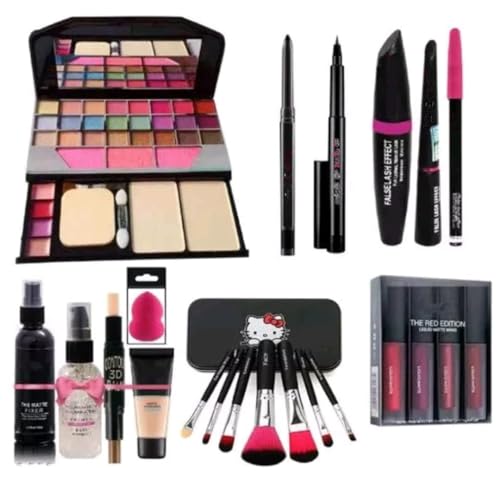 Image of SHISHI Women's & Girl's Makeup Kit with 7 Pcs Black Makeup Brushes, 4IN1 Red Edition Matte Mini Lipstick, Fixer, Primer, Contour, Foundation, 36H, Kajal, 3in1 Combo and Beauty Blender - (Pack of 22)