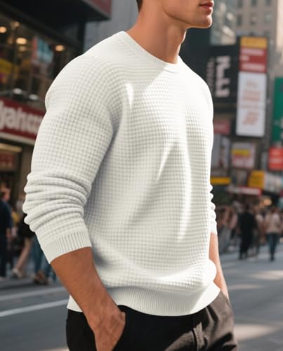 Men’s Waffle Knit Crew Neck Long Sleeve Top – Thermal Undershirt Pullover Casual Sweater3