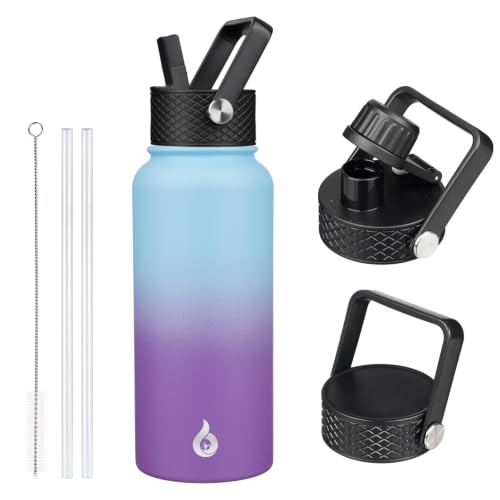 Image of BJPKPK Insulated Water Bottles with Straw Lid, 32oz Metal Large Water Bottle with 3 Lids, Reusable Leak Proof BPA Free Thermo, Stainless Steel Tumblers for Sports, Gym, Travel-Ocean Dream