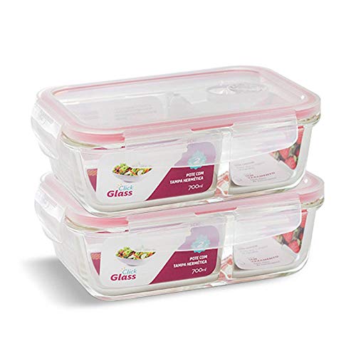 Kit 2 Potes Conjunto Marmita de Vidro Com Divisória Mantimento Hermético Tampa Click Glass 700 ml