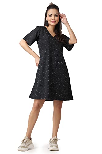 Image of POPWINGS Casual Printed V-Neck Short Sleeves Knee-Length Fit and Flare Dress for Women || Frokc-Style Summer Wear Dresses for Women || Loose-Fit Comfortable Women Dress for Regular Wear