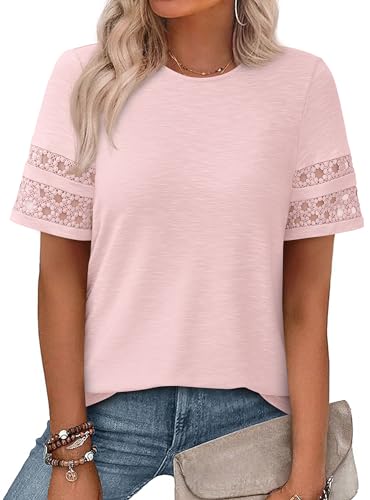 PRETTYGARDEN Summer Tops for Women 2026 Lace Short Sleeve T-Shirts Casual Blouses Spring Fashion Clothes Vacation Outfits (Pink Large)