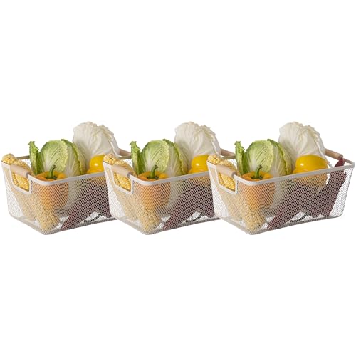 Basicwise Set of 3 Medium Multipurpose Metal Mesh Basket with Wooden Handle Storage Organizers for Kitchen Bathroom Cabinet Closet Countertop Fruit Holder Picnic Food & Beverages Carrier & Home Decor