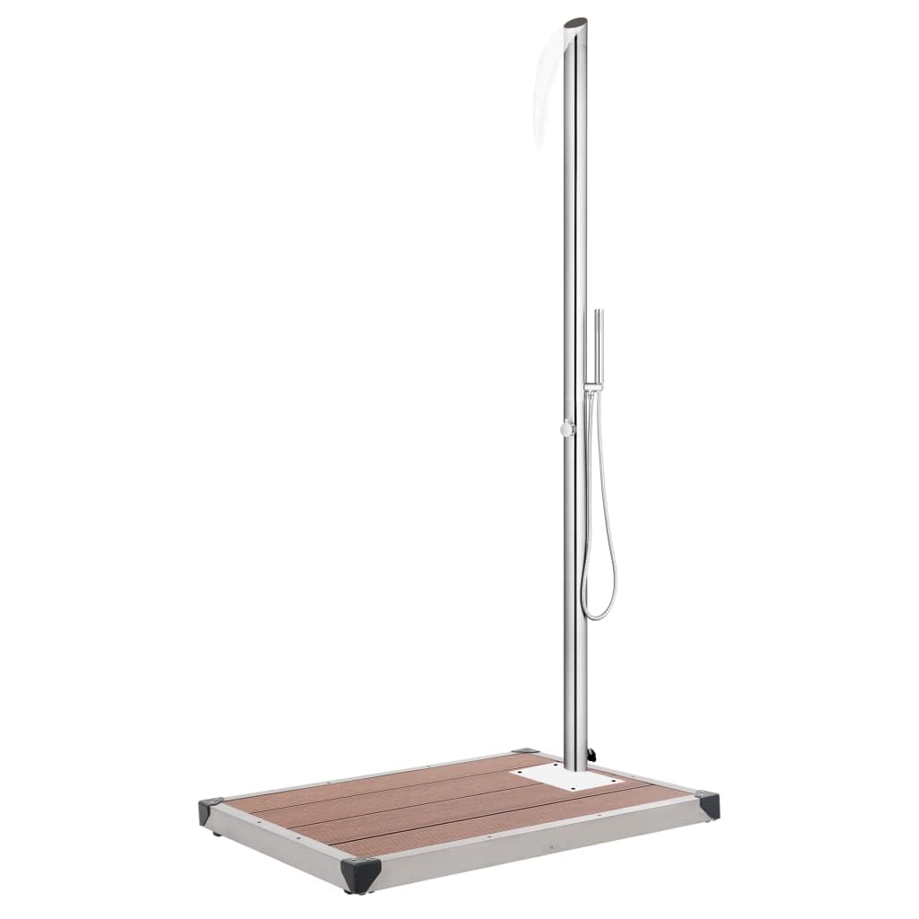 Prysznic ogrodowy z brązową płytą podłogową ze stali nierdzewnej o wysokości 225 cm, płyta podłogowa WPC 80 x 62 cm, słuchawka prysznicowa z wężem 1,5 m, akcesoria basenowe do ogrodu, na
