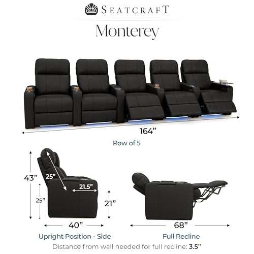 Image of Seatcraft Monterey Home Theater Seating Black Row of 5 | Italian Leather, Wall Hugger, Zero Gravity, Powered Headrest, Power Recline, Zero Gap, USB charging