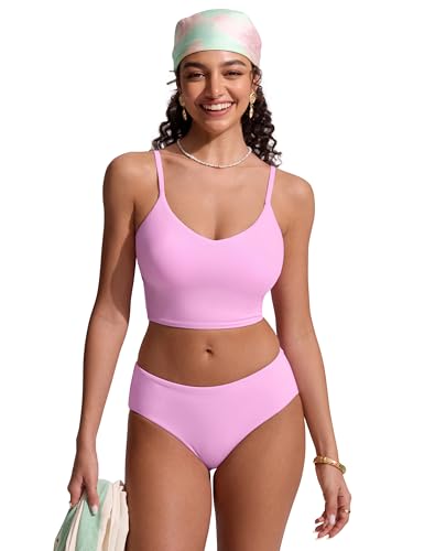 Image of CRZ YOGA V Shaped Longline Bikini Tops | Built-in Pads, A-D Cup, Cropped, Adjustable Spaghetti Straps, Swim, Bathing Suit for Women