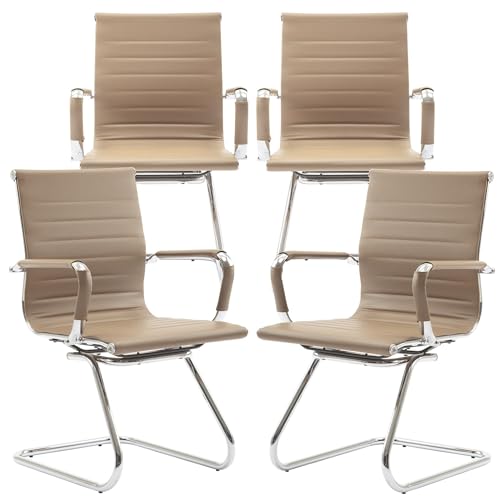 Image of Office Desk Chair No Wheels Set of 4 PU Leather Computer Chairs Mid Back Guest Chairs for School Reception Conference Waiting Room, Light Brown