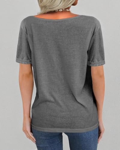 Image of Danedvi Women Deep V-Neck Short Sleeve Tops Solid Casual Loose T Shirt
