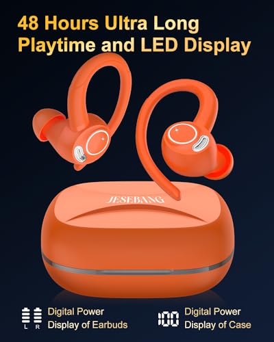 Image of Wireless Earbuds, Bluetooth 5.4 Headphones Sport, Over Ear Buds With ENC Noise Cancelling Mic, 48H, Wireless Earphone With Earhooks, Stereo Deep Bass, IP7 Waterproof ear bud for Workout Running,Orange
