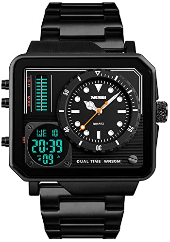Men's Square Large Face Stainless Steel Digital Sports Watch, LED Analog Quartz Wrist Watch with Multi-Time Zone Waterproof Stopwatch (Black)