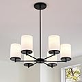 Black Chandelier, Modern 6-Light Dining Room Light Fixture Over Table with Frosted Glass Shades, Farmhouse Kitchen Chandelier Ceiling Lighting for Living Room, Bedroom, Entryway, Height Adjustable