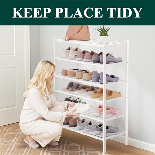 Image of Smiry Bamboo Shoe Rack, 5 Horizontal Slats, 6 Tier - 26.8 inch Wide, White