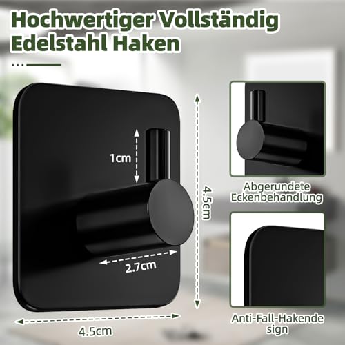 Handtuchhalter Ohne Bohren 8 Stück, Klebehaken Schwarz Matt aus Edelstahl Wasserdicht, Handtuchhaken Extra Starke Selbstklebend, Hohe Tragfähigkeit Robust und Langlebig für Badezimmer, Toilette, Küche