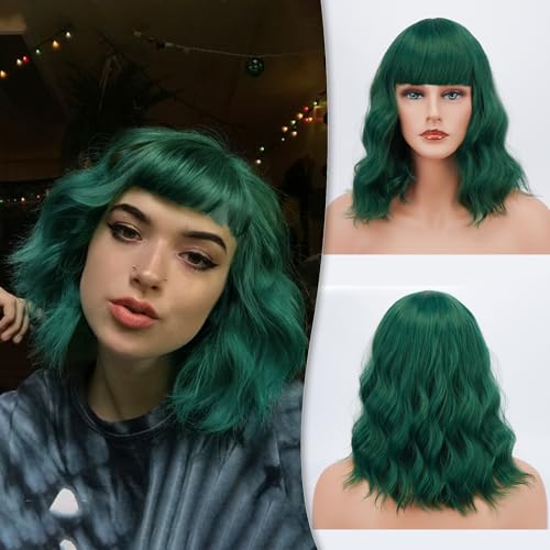 BARSDAR Pastel Ondulado Peluca Esponjosa Encantadora Rizada Pelucas Con Flequillo 14 Pulgadas Hombro Sintético longitud Cosplay Fiesta Peluca Para Mujer/Niña Verde Oscuro