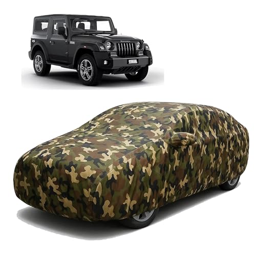 Image of Sulfar 100% Waterproof Car Body Cover Compatible with Mirror for Mahindra Thar with Long Lasting Durable Material (Triple Stitched, Full Bottom Elastic, Camouflage Army)