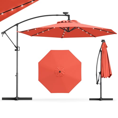 GOPLUS Parasol Déporté 3x3M, Grand Parasol de Jardin Extérieur avec 32 LED Solaires, 8 Baleines, Tissu Protection Solaire, Toile Inclinable, Rotatif à...