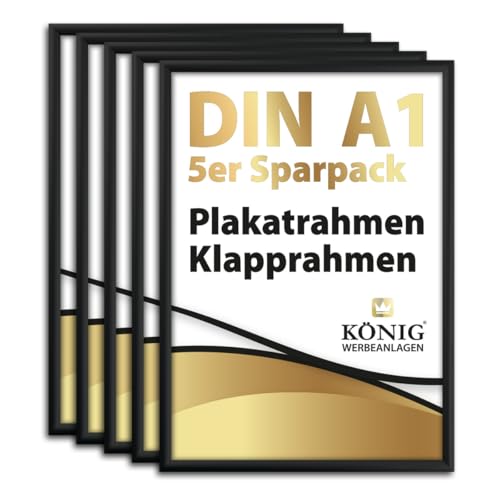 Dreifke 5 Plakatrahmen DIN A1 | 25mm Aluminium Profil schwarz | inkl. entspiegelter Schutzscheibe | Alu Klapprahmen Wechselrahmen Posterrahmen | 5er Sparpack