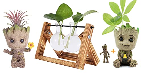 Huike Hydroponik Hängevase Vintage Blumenvase Mit Holz Halter, Baby Groot Blumentopf Groot Schlüsselanhänger, Groot Pflanzgefäß Treeman Blumentopf Groot Figur & Stifthalter (2 Vases) Cover