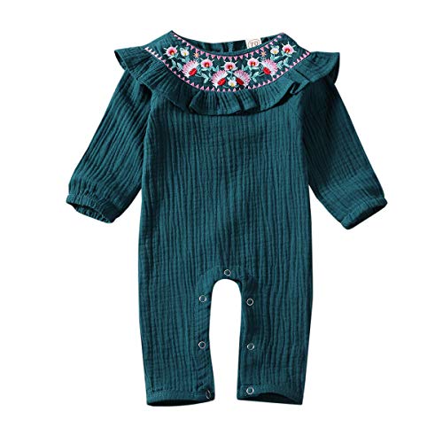 Fiomva Newborn Infant Baby Girl Ruffle Long Sleeve Romper One Piece Jumpsuit with Headband Fall Clothes Outfits (Green Embroidery Collar Romper, 0-6Months)