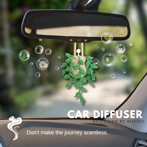 Image of ROFIGL Handmade Crochet Hanging Car Air Freshener,12ml Empty Refillable Oil Diffuser Bottle with Crochet Hanging succulents Plant for Car Rearview Mirror for Home, and Office Hanging Diffuser Decor