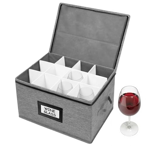Lacinoeo Wine Glass Storage Box with Dividers - Holds 12 Standard Size Wine Glasses- Durable Quilted Microfiber Bin with Carry Handles (Gray)(no glasses) (Grey