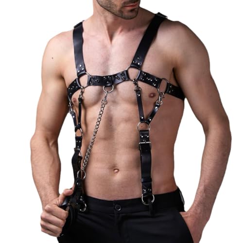 Men's Body Chest Harness Belt with Leash Chain, Adjustable Leather Punk Suspenders Body Chest Harness Bondage Strap for Men Male Gay, Party Club Cosplay Bar Nightclub Masquerade BDSM Fetish Clubwear2
