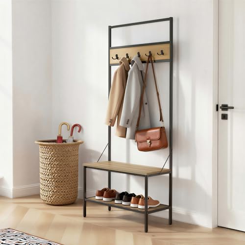 Image of Amazon Basics Entry Bench with Hooks, Hall Tree with Shoe Storage, Steel Frame, Oak Finish