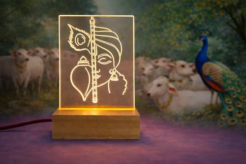 Image of Krishna with Flute LED Night Lamp, Acrylic Engraved Design with Wooden Base, Home Decor Mandir Gift Item with Power Adapter