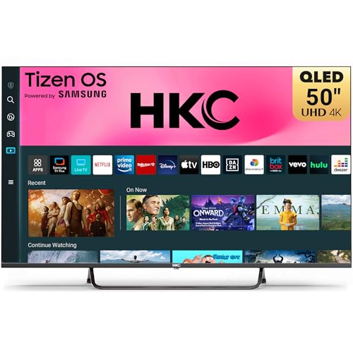 HKC 50 inch 4K QLED Smart TV Tizen OS UHD Central Stand Design Television with AppleTV+ Netflix Freeview Gaming Hub MEMC HDR10 Ideal Large Screen for Living Room Made in the UK