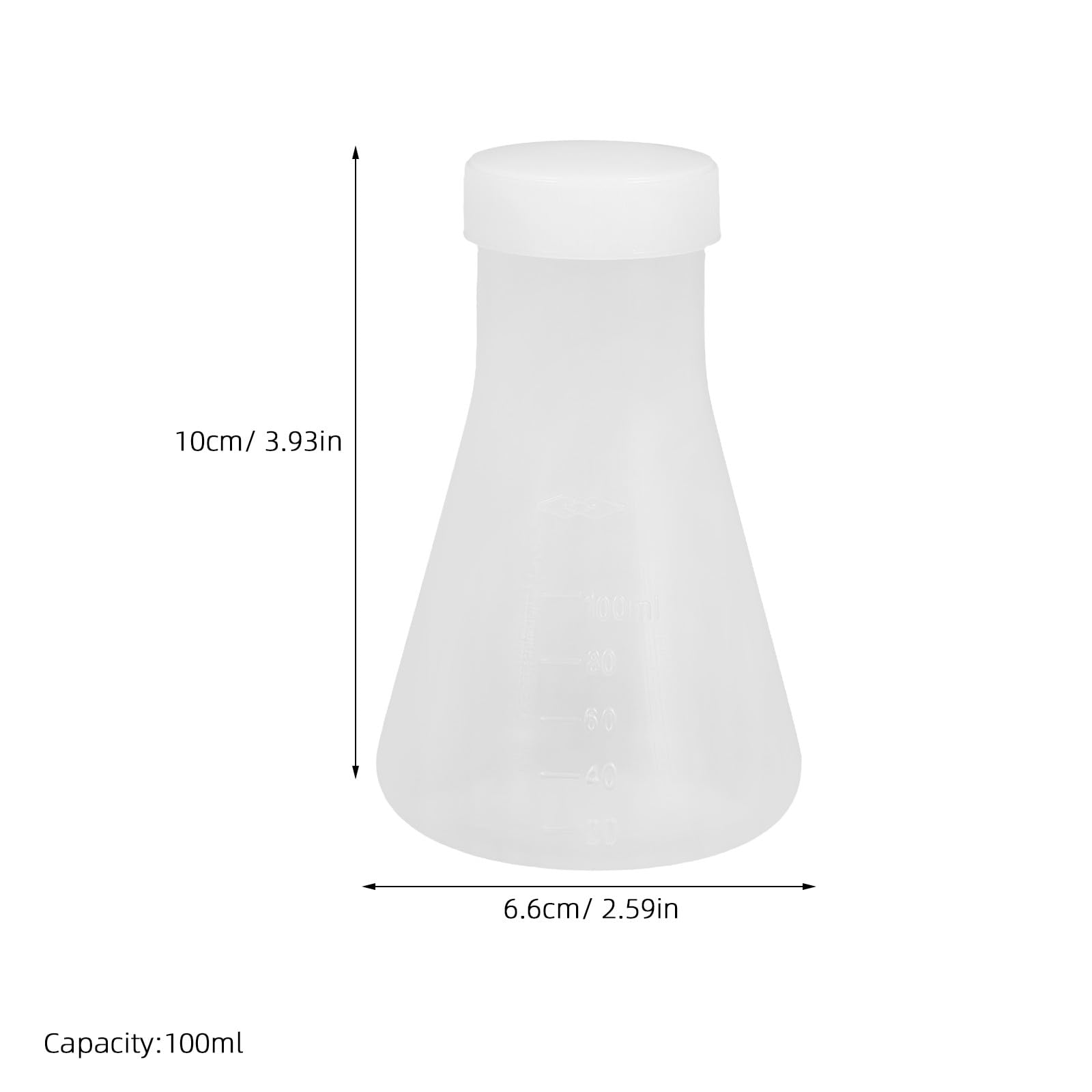 20 Matraces Erlenmeyer de Plástico Blanco de 100ml con Tapa | Diseño Cónico Hermético, Uso Repetido, para Investigación y Entornos Biológicos