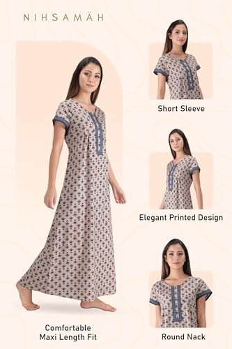 Image of NIHSAMAH Cotton Nighty for Women with Pocket, Premium Printed Long Nighty | Comfortable & Fancy Sleepwear /Nightwear