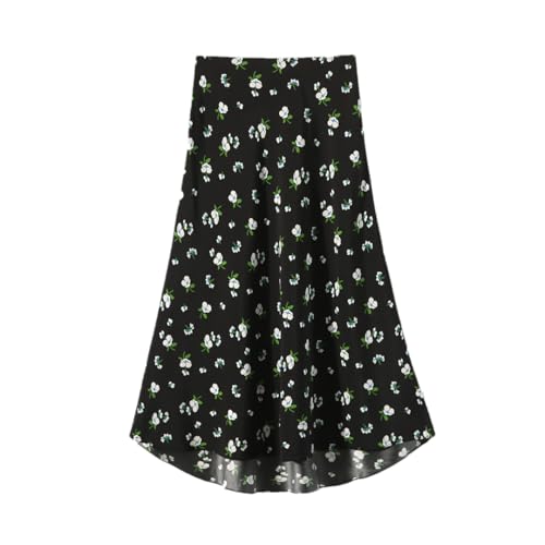 Women Mulberry Silk Floral Skirts Elastic Waist Print A-Line Skirt Knee-Length Office Lady Skirt