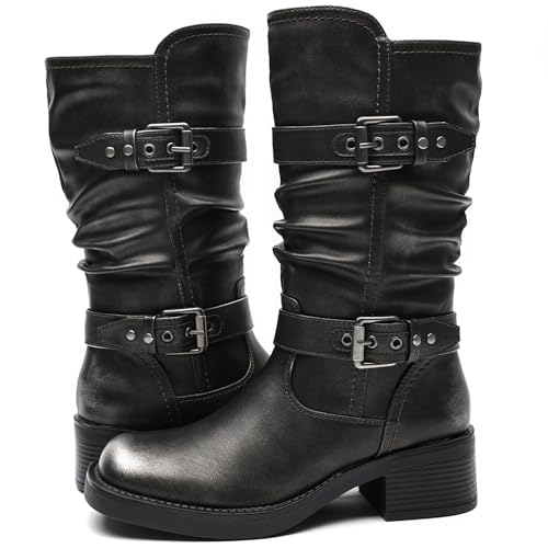 Image of GLOBALWIN Chunky Mid Calf Fashion Dressy Motocycle Biker Military Style Combat Boots for Women Low Heel