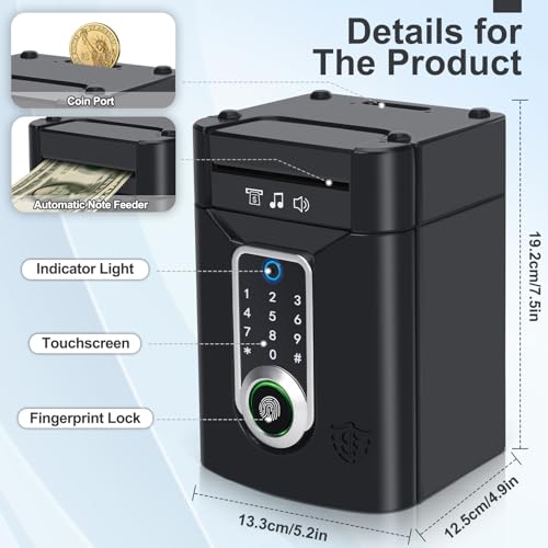 Highttoy Money Box for Kids, Electronic Password Piggy Bank with Touchscreen & Fingerprint, ATM Money Bank for Kids Safe Toy Gifts for 3-12 Year Old Boys Girls, Black