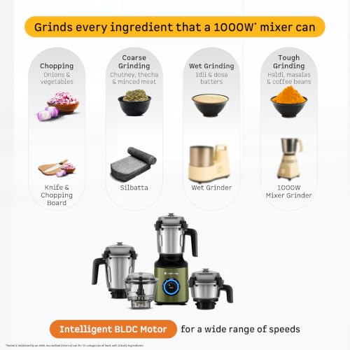 Image of Atomberg Zenova Mixer Grinder | Unique Coarse Mode for Silbatta-like Texture | Intelligent BLDC Motor | Safety Features | 4 Jars including Chopper | Hands-Free Operation (Olive Grove)