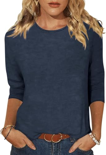 YUTILA Damen T-Shirt 3/4 Ärmel Rundhals Baumwolle Basic Casual Frühling Sommer Oberteile Einfarbig Leichte Weich Atmungsaktiv Bequem Shirt