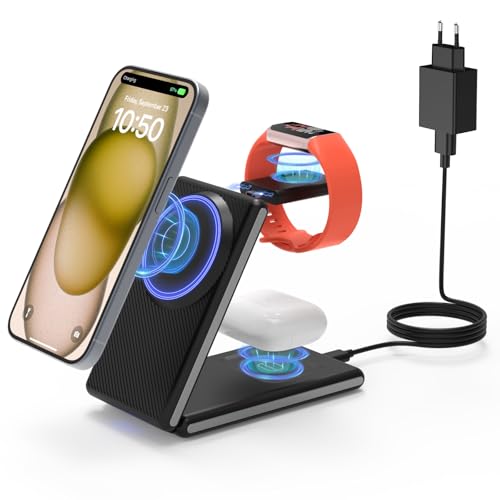 3 in 1 Faltbare Kabelloses Ladegerät für iPhone und Fitbit Watch, Magnetische Induktive Ladestation für iPhone 16/15/14/13/12 Pro Max, Fitbit Watch Charge5/6/Luxe, AirPods 4/3/2/Pro, mit 30w Adapter