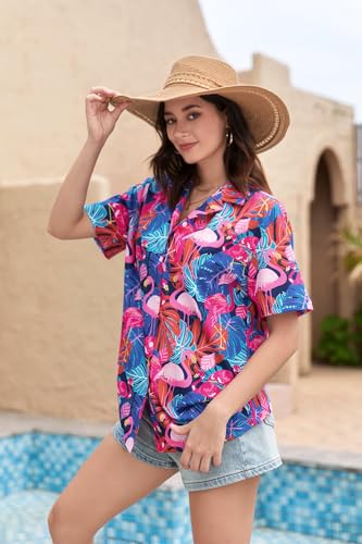 Image of SANGTREE Girls & Women's Hawaiian Shirts Button Down Short Sleeve Floral Tropical Shirt Beach Vacation Blouse Tops