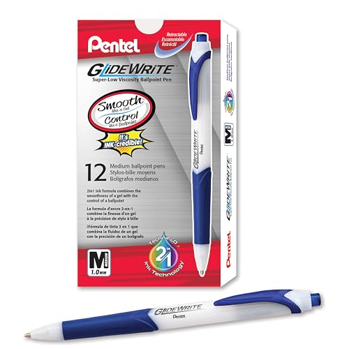 Pentel GlideWrite Ballpoint Pen with TechniFlo Ink, (1.0mm) Medium Line, Blue, Box of 12 (BX910-C)