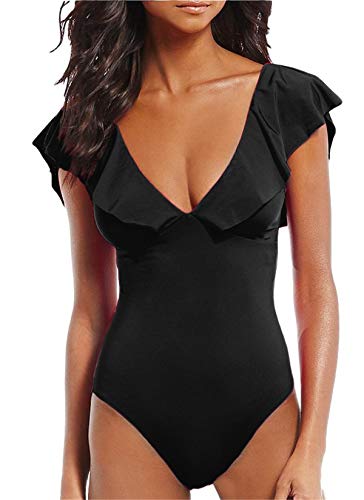 AdoreShe Women's Sexy V-Plunge One-Piece Swimsuit, Black, Medium