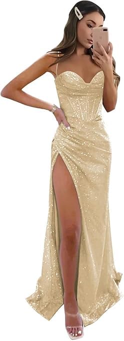Pailletten-Ballkleider Korsett-Meerjungfrauenkleid mit Schlitz Spaghettiträger-Abendkleider mit Glitzer Champagner S