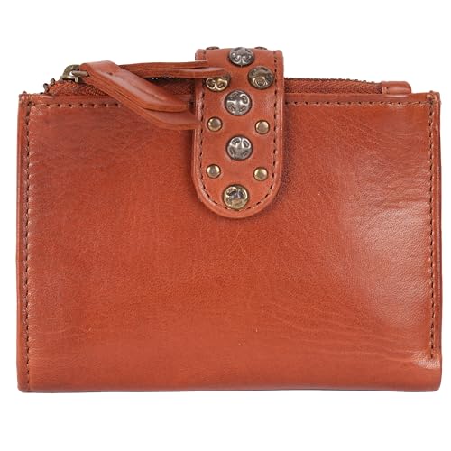 4.75 Inch Genuine Italian Leather Boho Studded Bifold Wallet – Zipper Coin Purse & Credit Card Holder for Women (Cognac)
